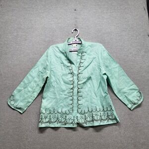 Allison‎ Taylor Women Jacket XL Green 100% Linen Embroidered 3/4 Sleeve